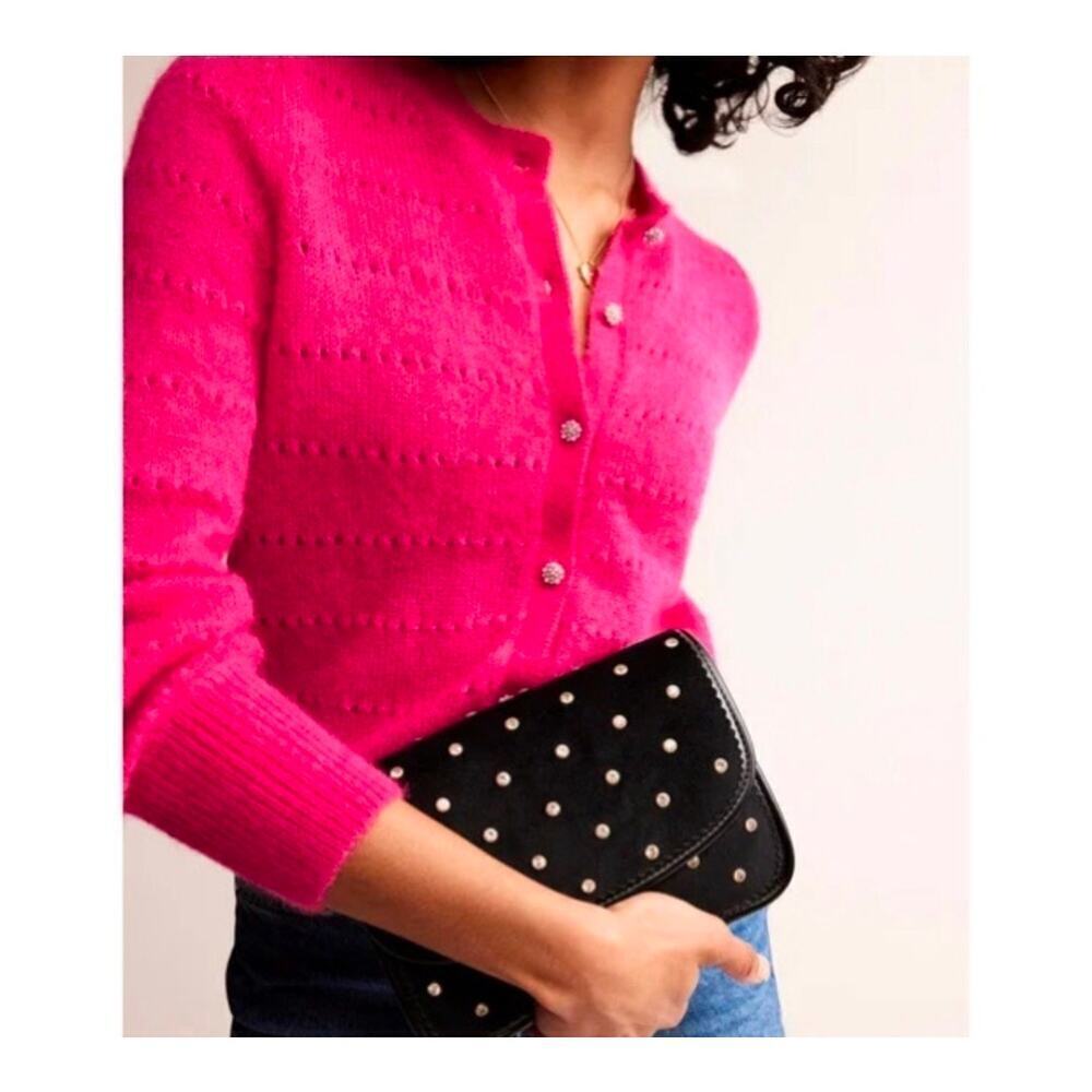 Boden Mohair Wool Blend Fluffy Textured Cardigan Vibrant Pink